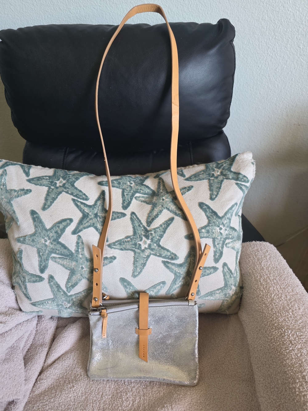 Leather  Silver Crossbody Bag - Tan Strap